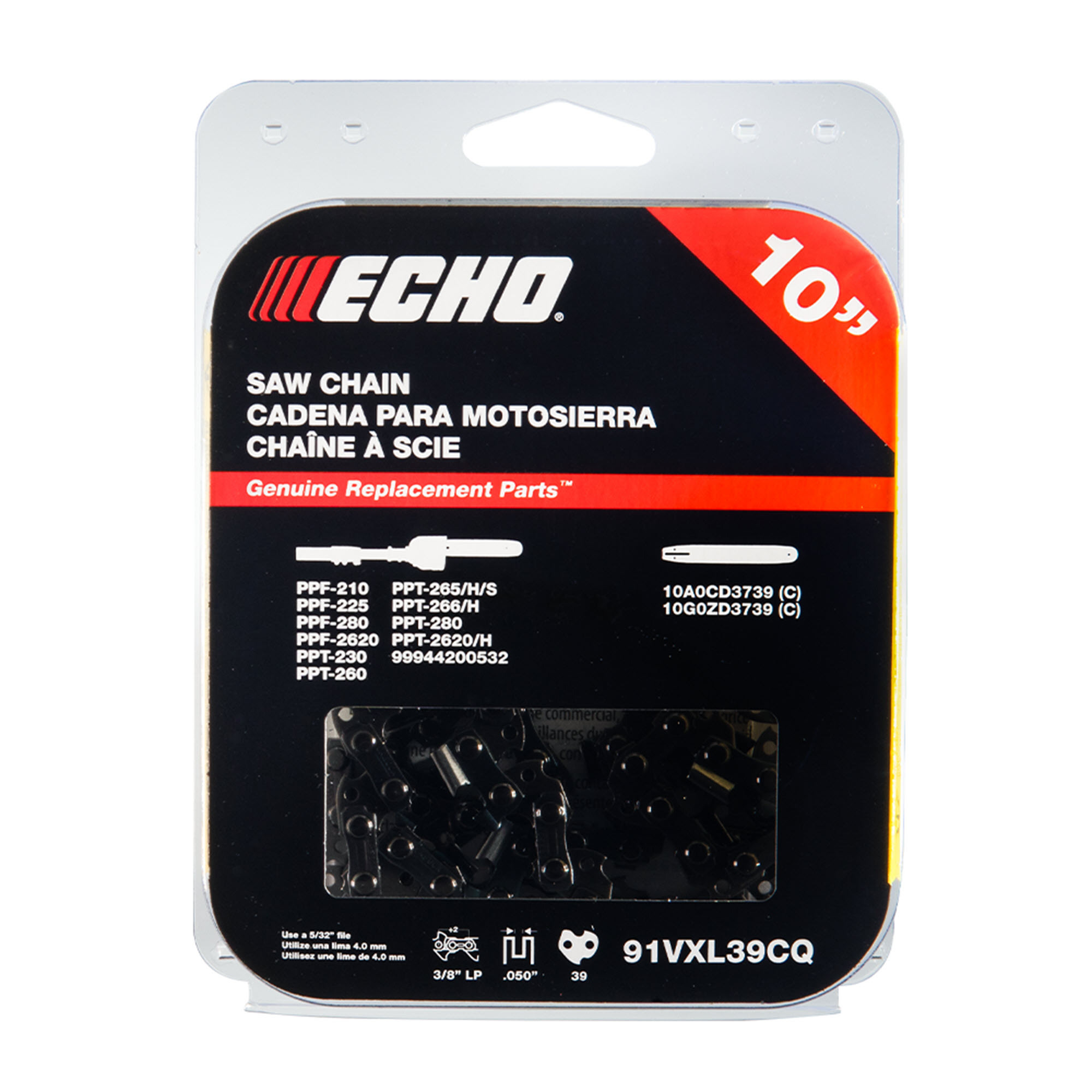 ECHO, 10" 91VXL PowerPruner chain, 39 drive links, For use on ECHO PowerPruner models PPF-225 & PPT-2620, Compatible with ECHO guide bar model 10A0CD3739C, Model #91VXL39CQ
